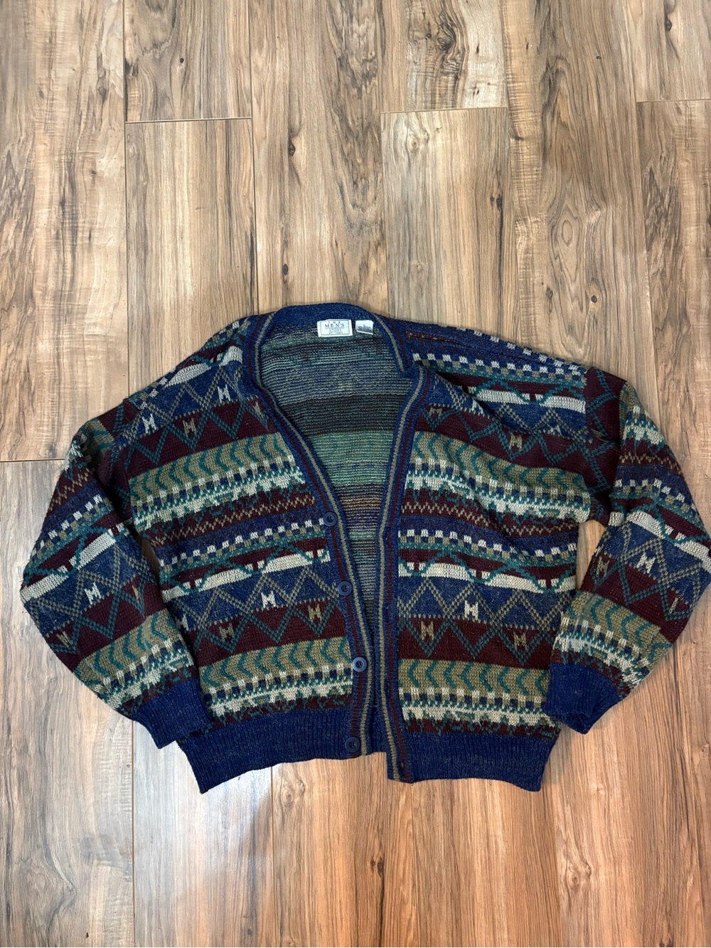 Sears Navy, Green & Burgundy Geometric Knit Cardigan